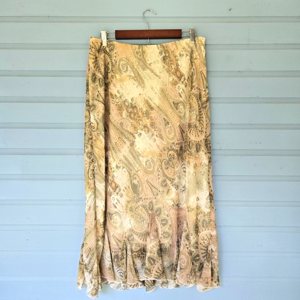 Dressbarn Distressed Green & Brown Paisley Chiffon Skirt 14/16W